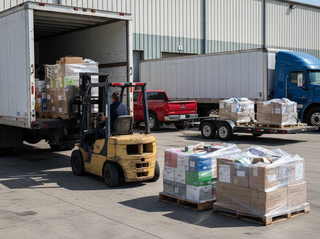 Forklift loading pallets at Surplus Depot warehouse